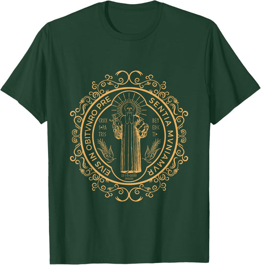 Saint Benedict Medal Catholic Print T-Shirt - T-Shirt | Forest