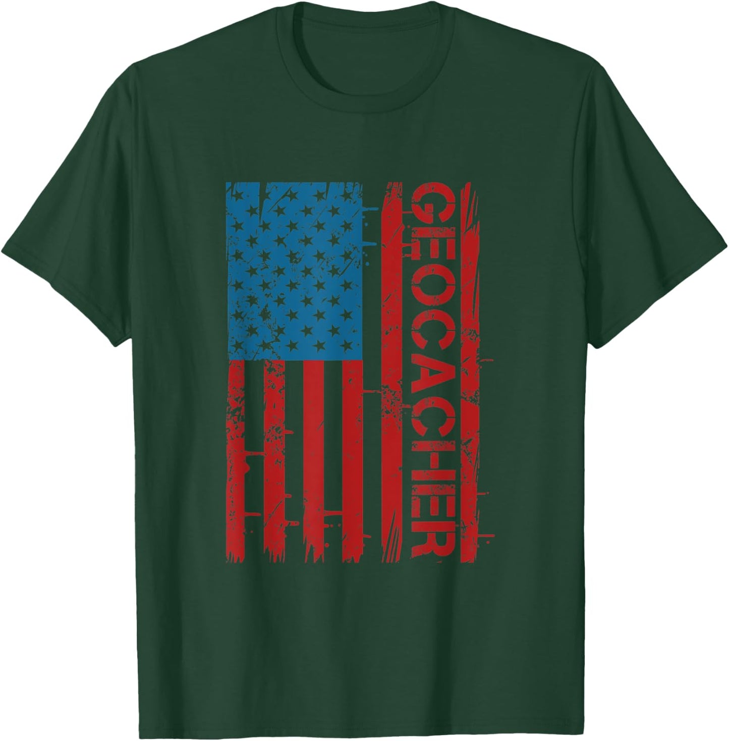 Patriotic American Flag Geocaching Fan For Patriot Geocacher Women Men T-Shirt - T-Shirt | Forest