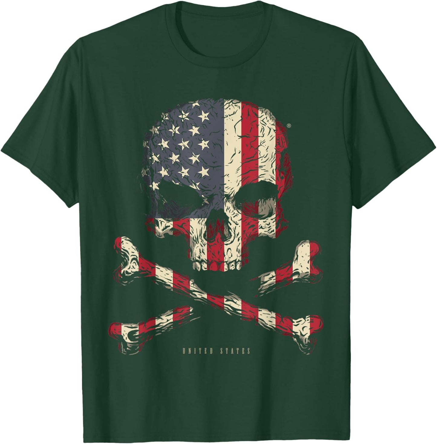 SKULL CROSSBONES UNITED STATES Flag Skeleton American Heart T-Shirt - T-Shirt | Forest