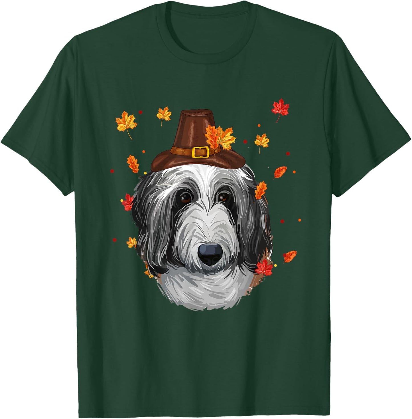 English Sheepdog Dog Pilgrim Hat Fall Happy Thanksgiving Day Women Girls Kids T-Shirt - T-Shirt | Forest