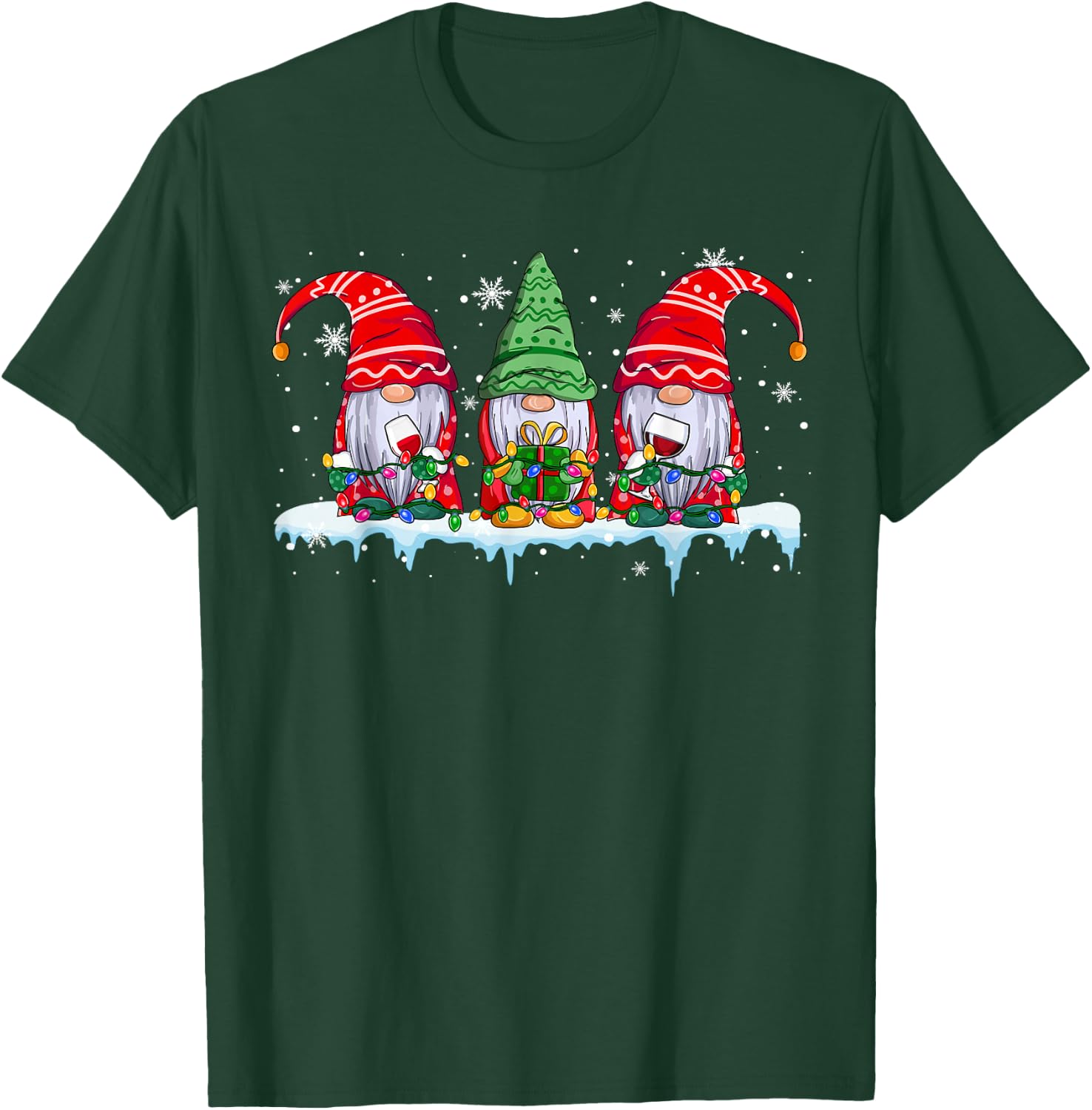 Three Gnomes Drinking Wine Funny Xmas Lights Gnome Wine T-Shirt - T-Shirt | Forest