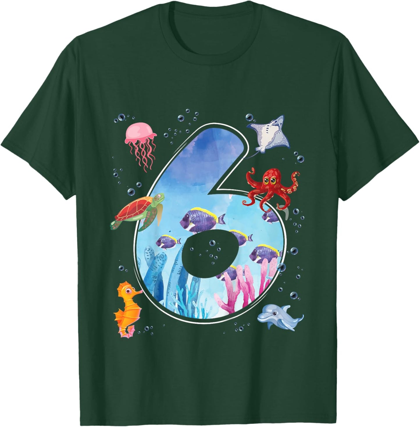 Kids 6th Birthday Party Ocean 6 Year Old Sea Fish Aquarium Boy T-Shirt - T-Shirt | Forest