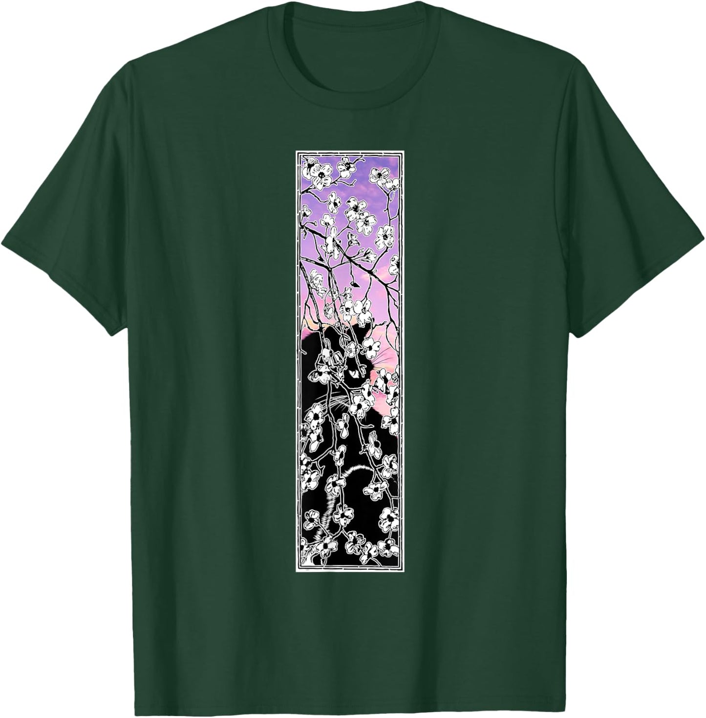 Cherry Blossom flowers pattern Cat Black Pink Sky Sunset T-Shirt - T-Shirt | Forest