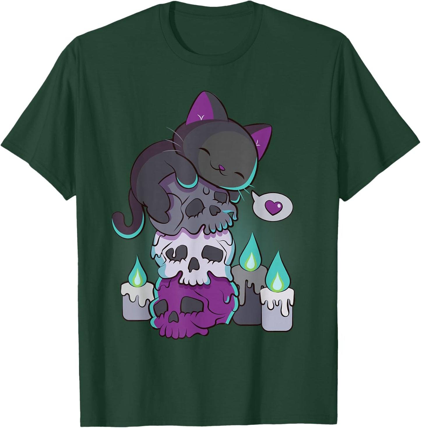 Asexual Pride Cute Black Cat on Skulls Kawaii Goth Aesthetic T-Shirt - T-Shirt | Forest