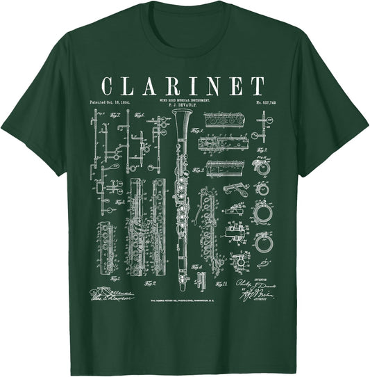 Clarinet Vintage Patent Clarinetist Drawing Print T-Shirt - T-Shirt | Forest