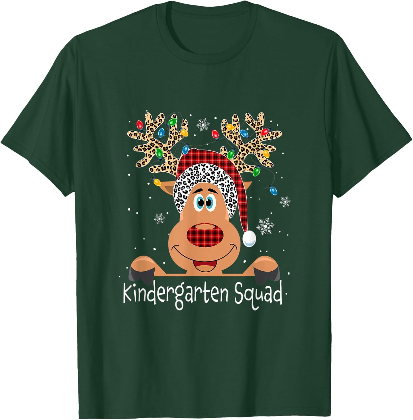 Kindergarten Squad Plaid Reindeer Santa Hat Teacher Xmas T-Shirt - T-Shirt | Forest