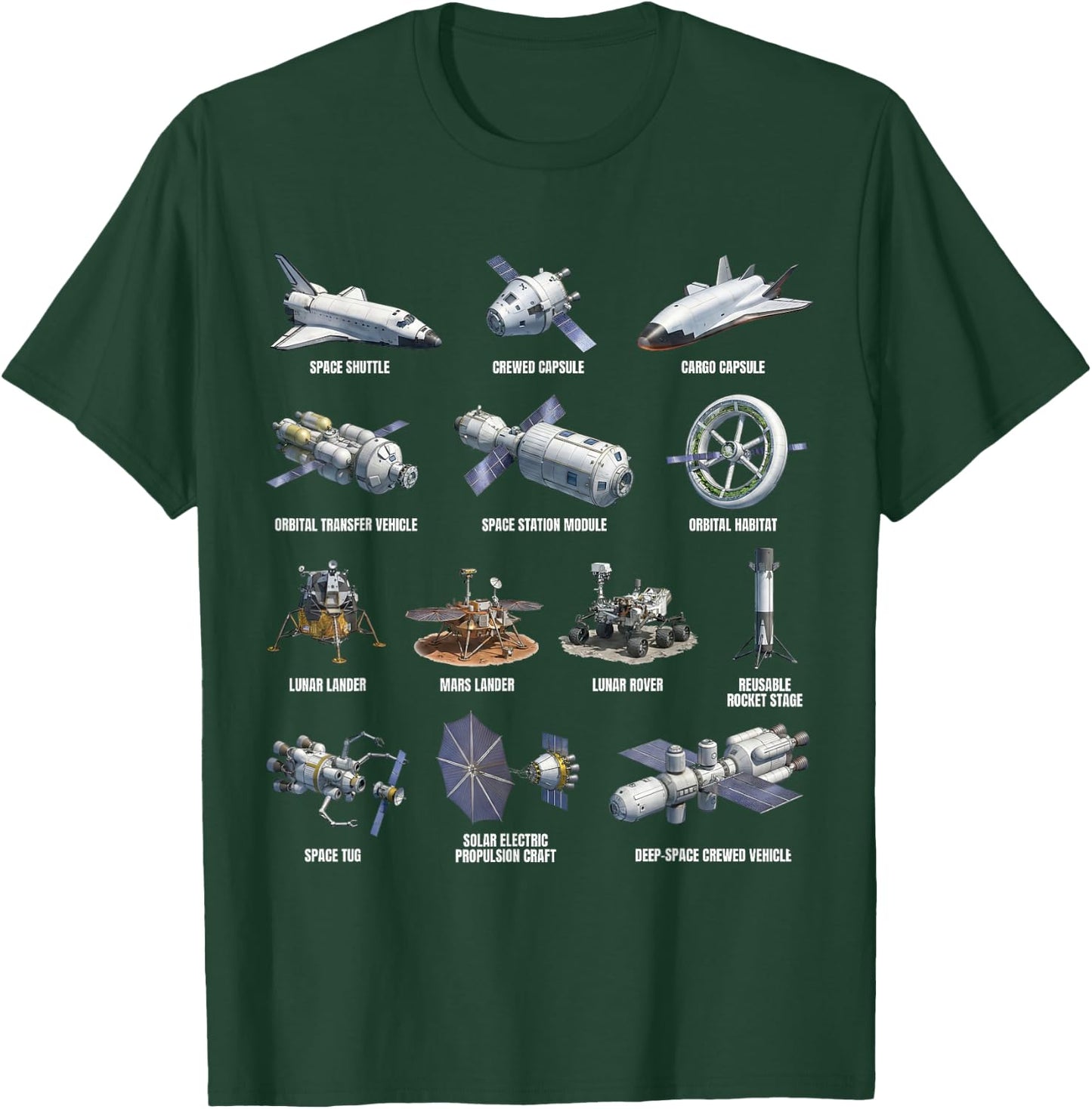 Types of Spacecraft Space Exploration Astronomy Science T-Shirt - T-Shirt | Forest