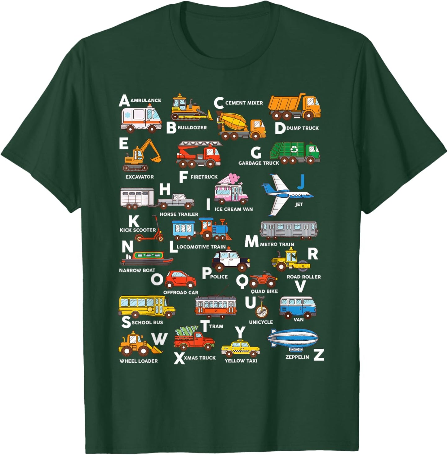 Alphabet Vehicles ABCs Learning Teachers Kids Boys Girls T-Shirt - T-Shirt | Forest