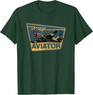 WW2 Vintage Aviator Airplane Aircraft Pilot P40 Warhawk Gift T-Shirt - T-Shirt | Forest