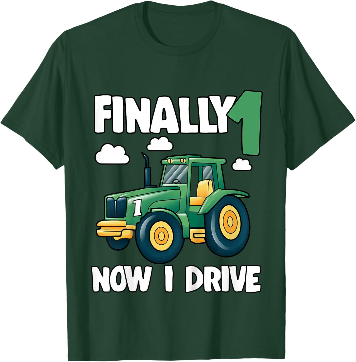 Kids Finally 1 Now I Drive 1st Birthday Party Boy Tractor Kids T-Shirt - T-Shirt | Forest