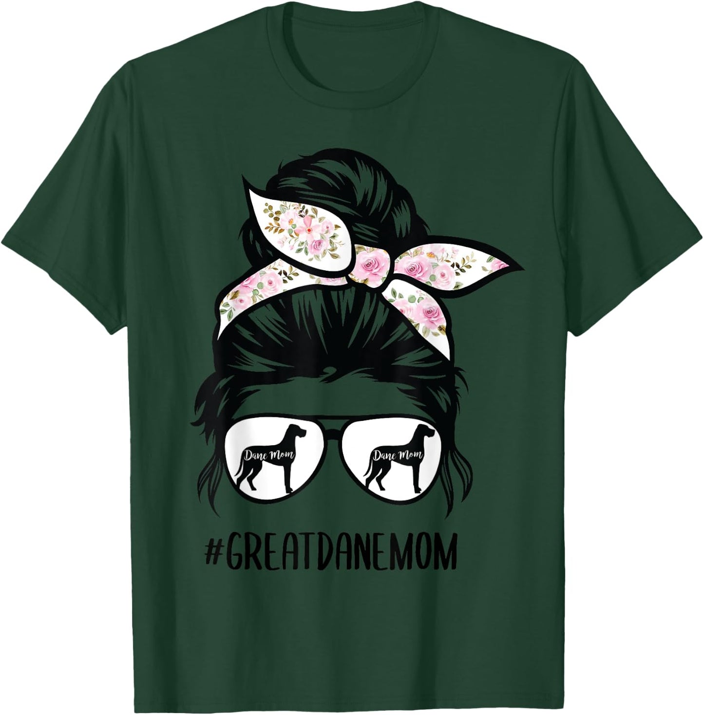 Great Dane Mom messy bun hair glasses T-Shirt - T-Shirt | Forest