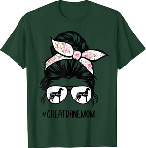 Great Dane Mom messy bun hair glasses T-Shirt - T-Shirt | Forest