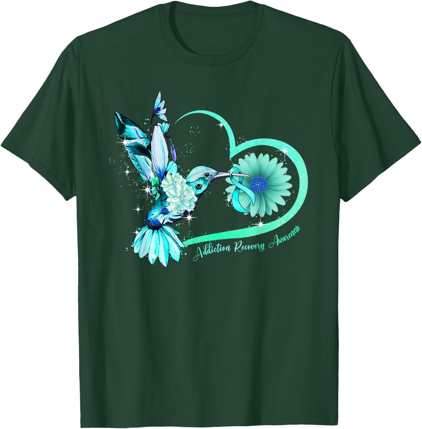 Hummingbird Sunflower Heart Teal Ribbon Addiction Recovery T-Shirt - T-Shirt | Forest