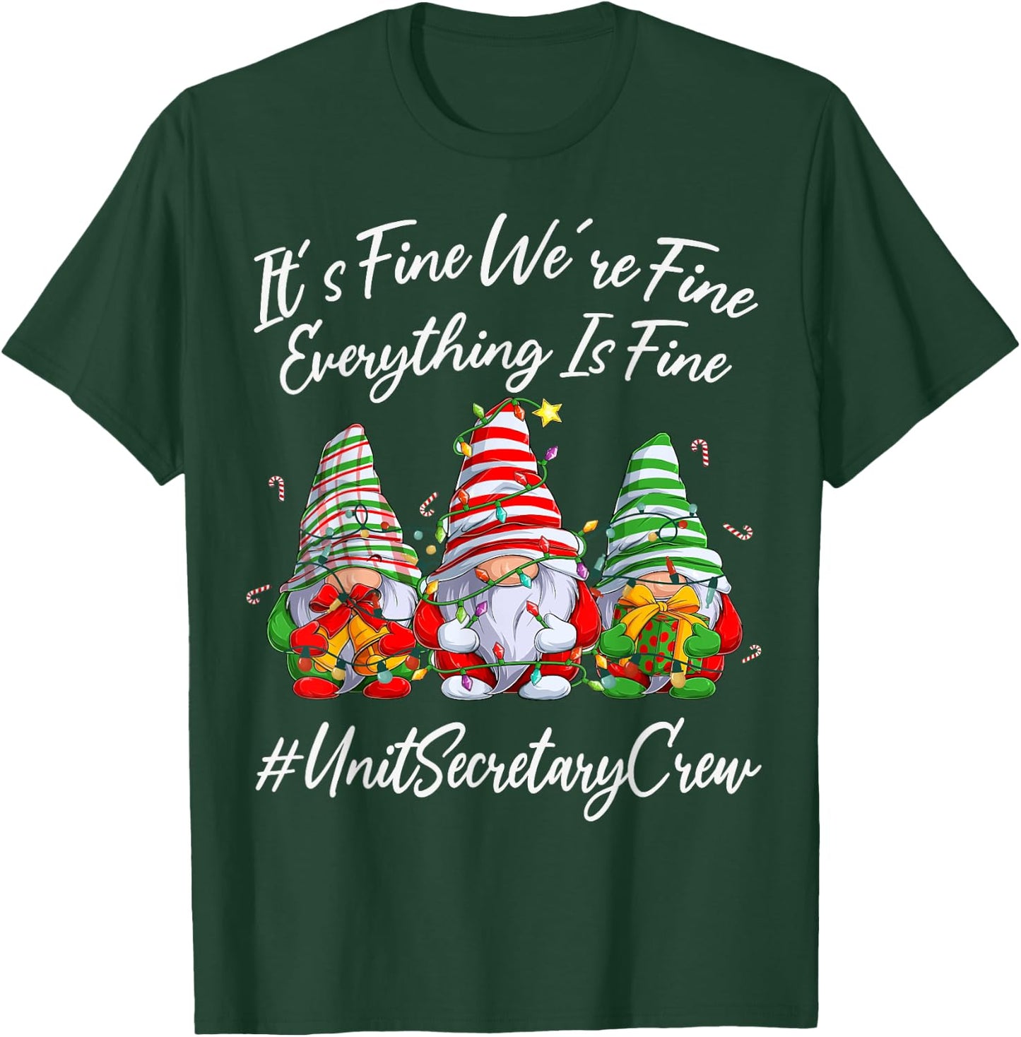 Unit Secretary Funny Everything Is Fine Christmas Gnomie T-Shirt - T-Shirt | Forest