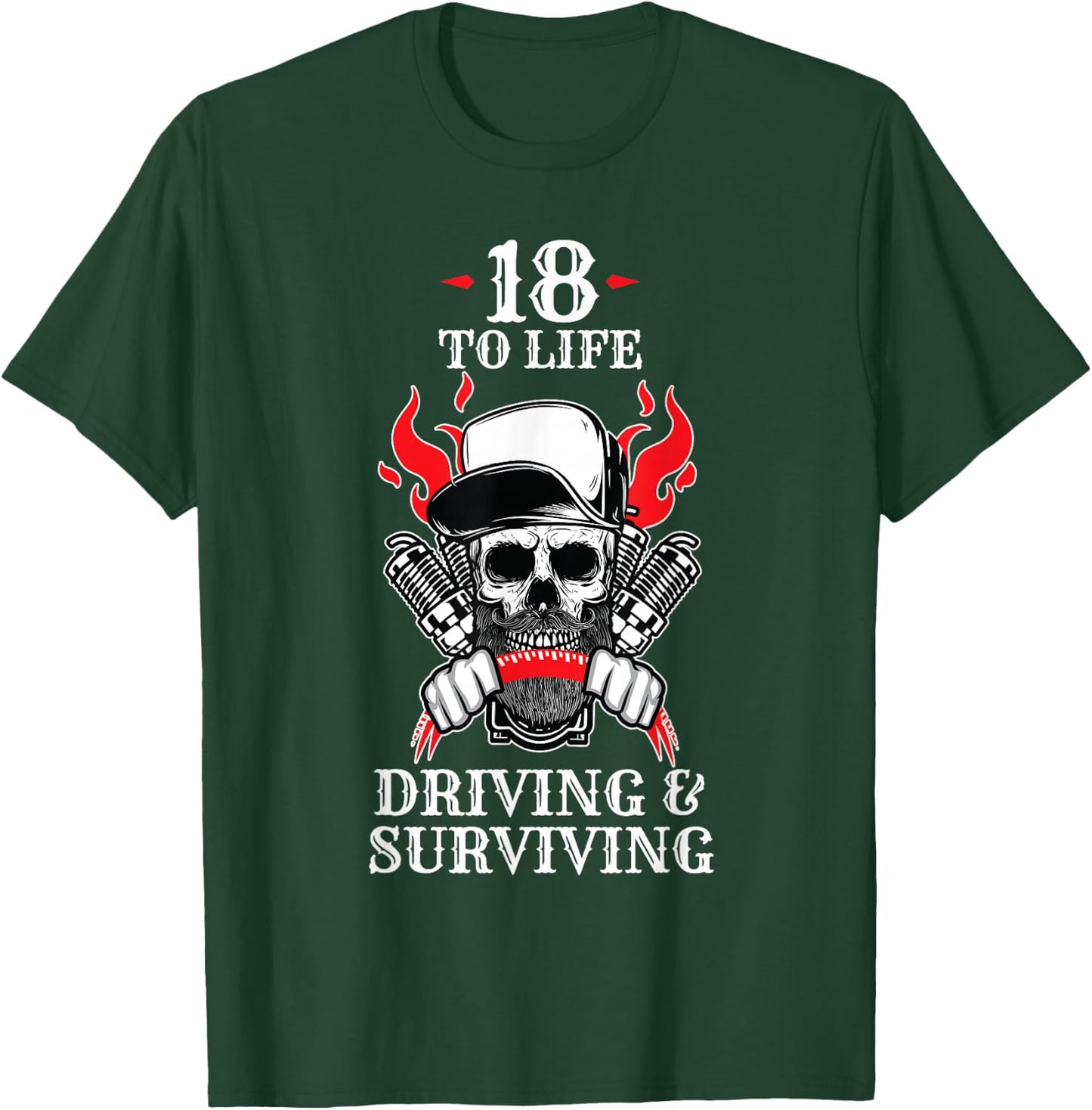 18 to Life Trucker T Shirt | Skull Flames Truck Driver Shirt T-Shirt - T-Shirt | Forest