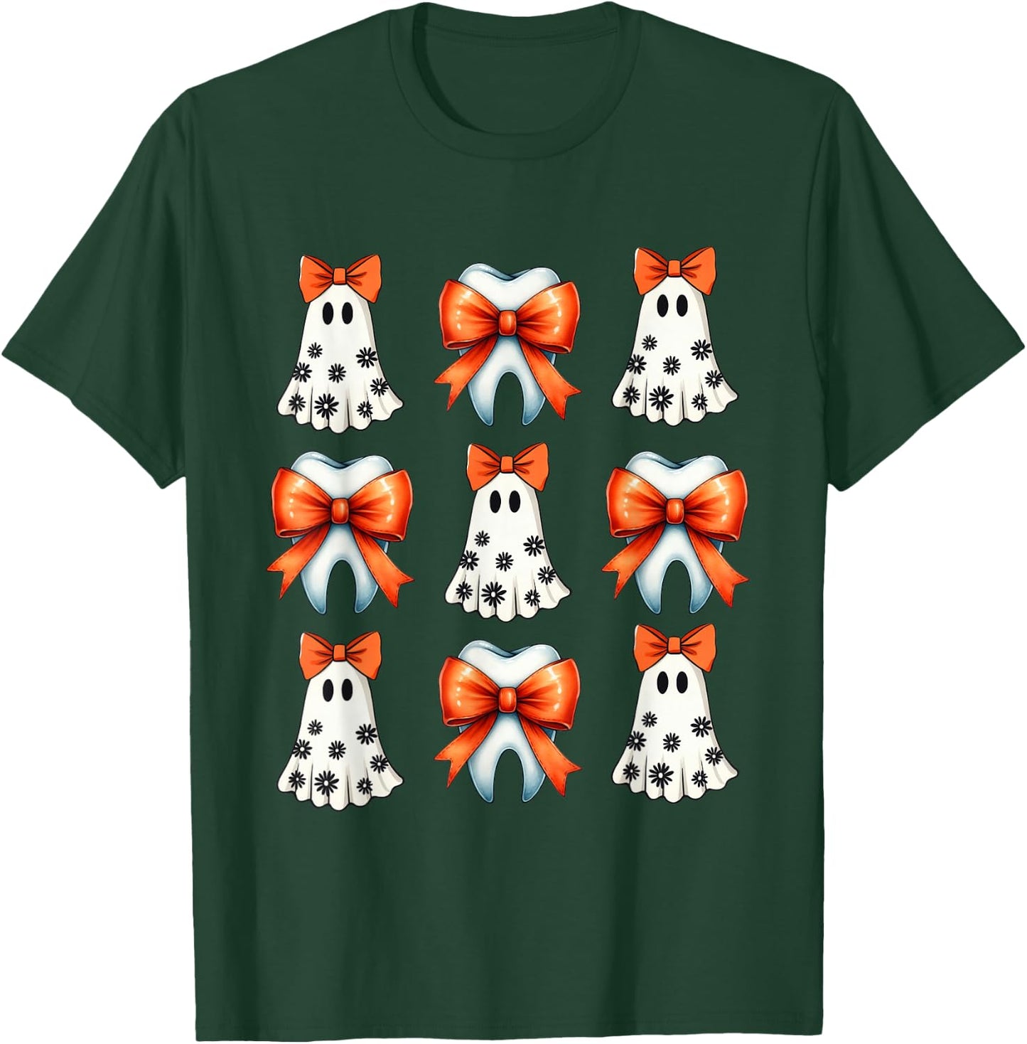 Coquette Tooth Ghost Groovy Retro Halloween Cute Dentist T-Shirt - T-Shirt | Forest