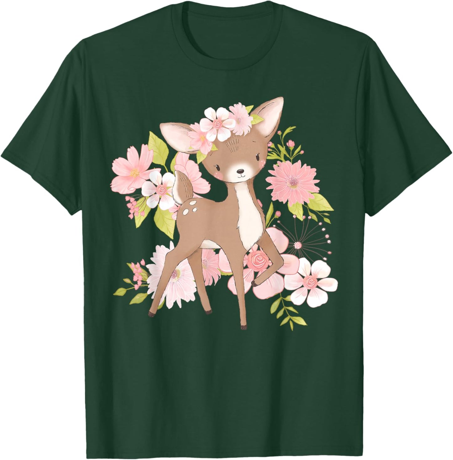 Adorable Floral Woodland Deer Harmony Cute Deer with Flowers and Blossoms - Black - - Kids - Short Sleeve - Modern - Animal Theme - All Seasons T-Shirt - T-Shirt | Forest