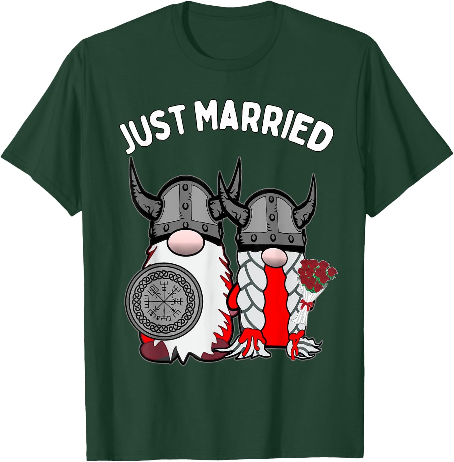 Just Married Nordic Gnome Viking Tomte Couple Wedding T-Shirt - T-Shirt | Forest