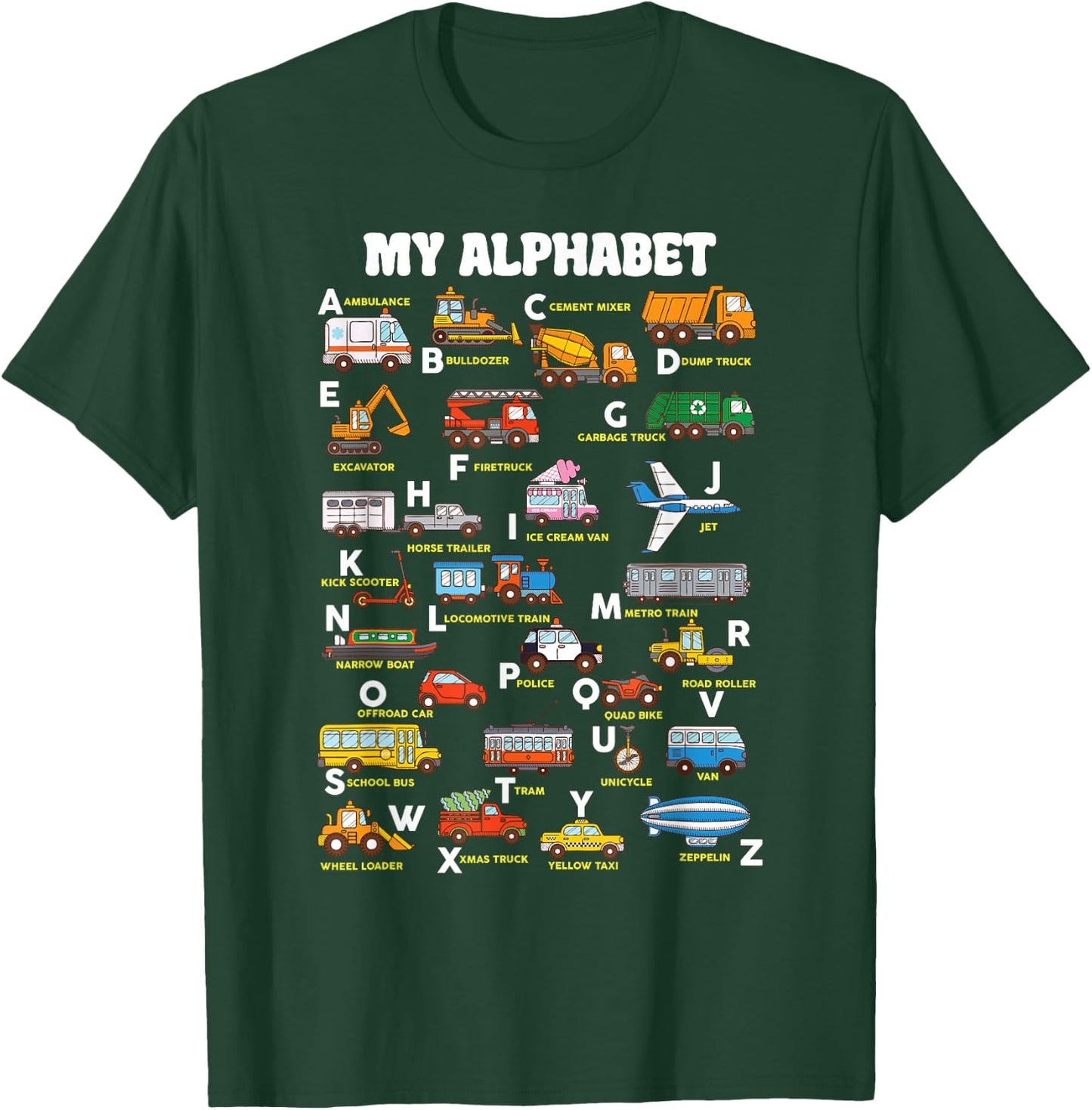 Alphabet Transport Learning ABC Car Bus Truck Educational T-Shirt - T-Shirt | Forest