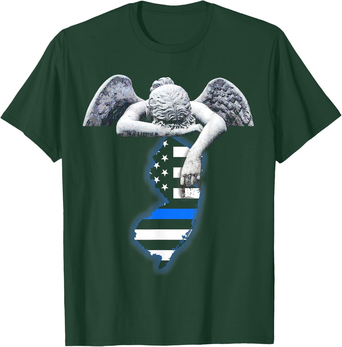 New Jersey Thin Blue Line Flag and Angel for Law Enforcement T-Shirt - T-Shirt | Forest