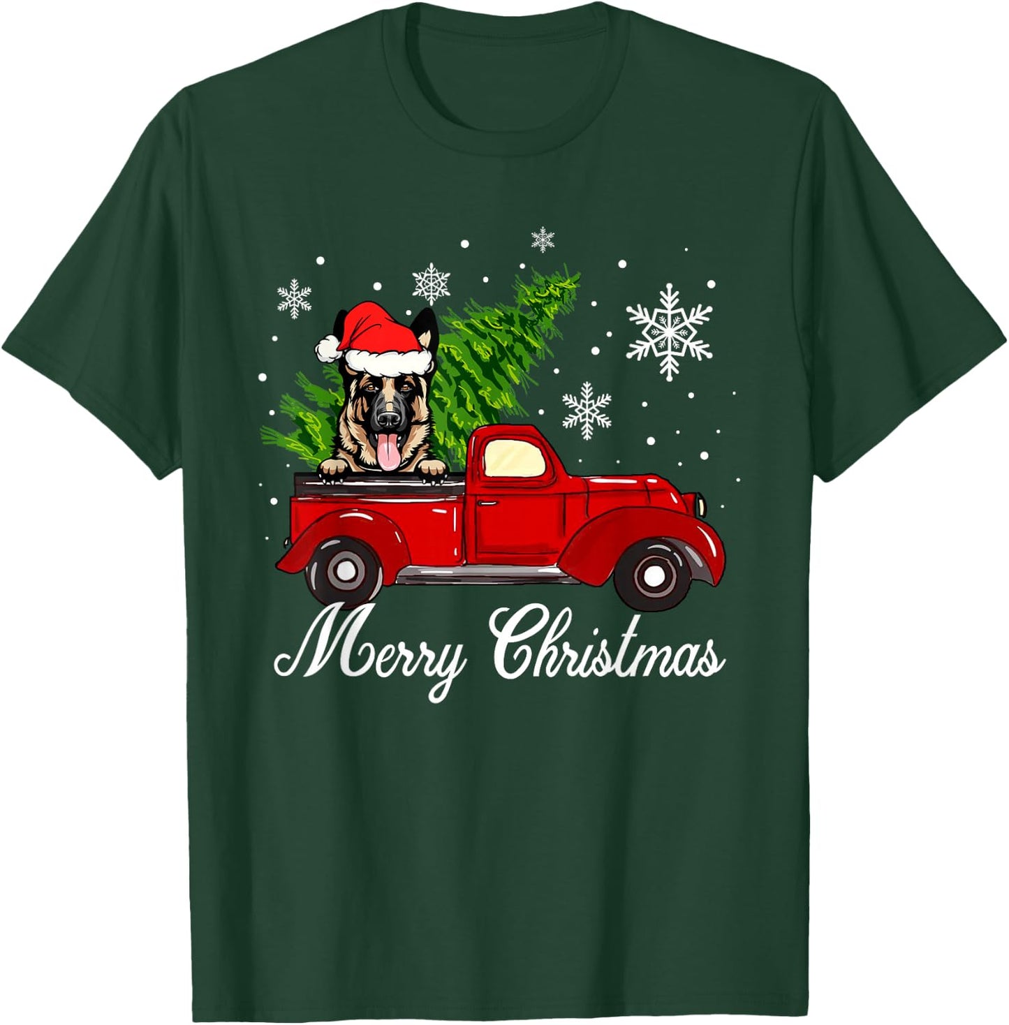 German Shepherd Dog Riding Red Truck Christmas Decorations T-Shirt - T-Shirt | Forest