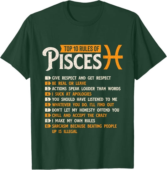 Top 10 Rules Of Pisces - Horoscope Zodiac Sign Astrology T-Shirt - T-Shirt | Forest