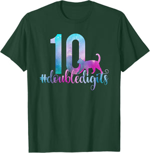 10th Birthday Girl Double Digits Girls Ten 10 Galaxy Cat T-Shirt - T-Shirt | Forest