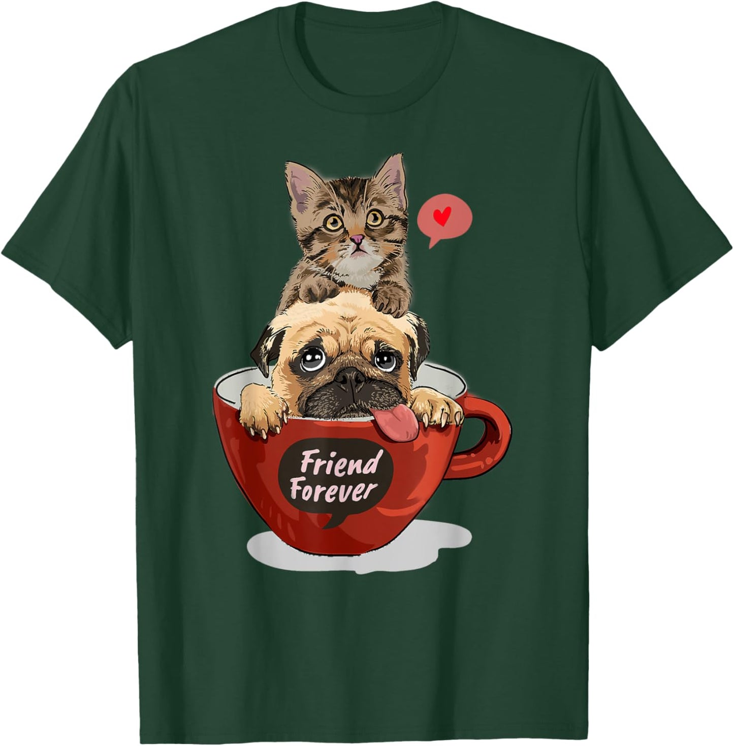 My Three Close Friends, Kitty, Pug puppy and a cup of coffee T-Shirt - T-Shirt | Forest