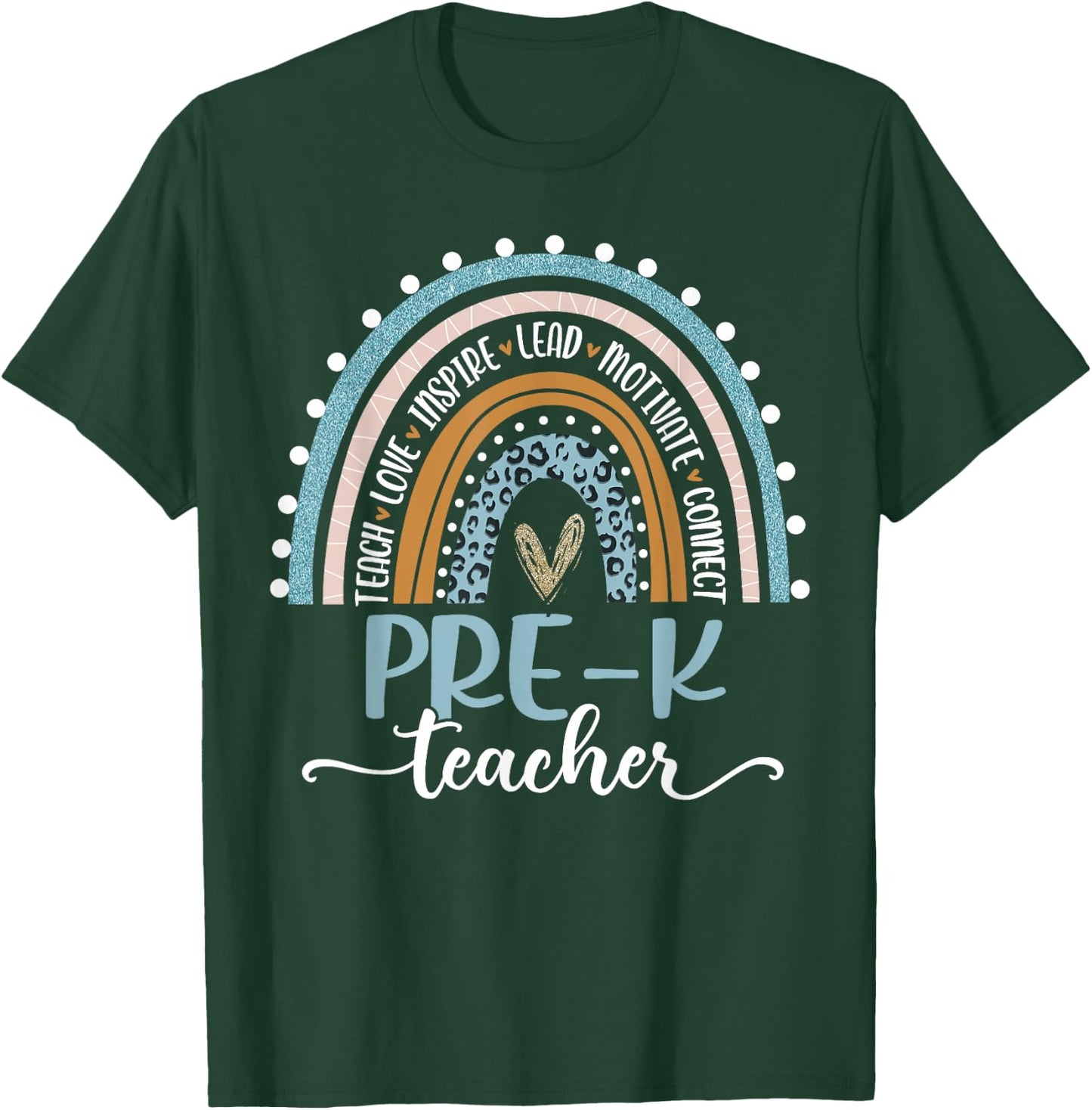 Pre-K Teacher Leopard Boho Rainbow Back to School T-Shirt - T-Shirt | Forest