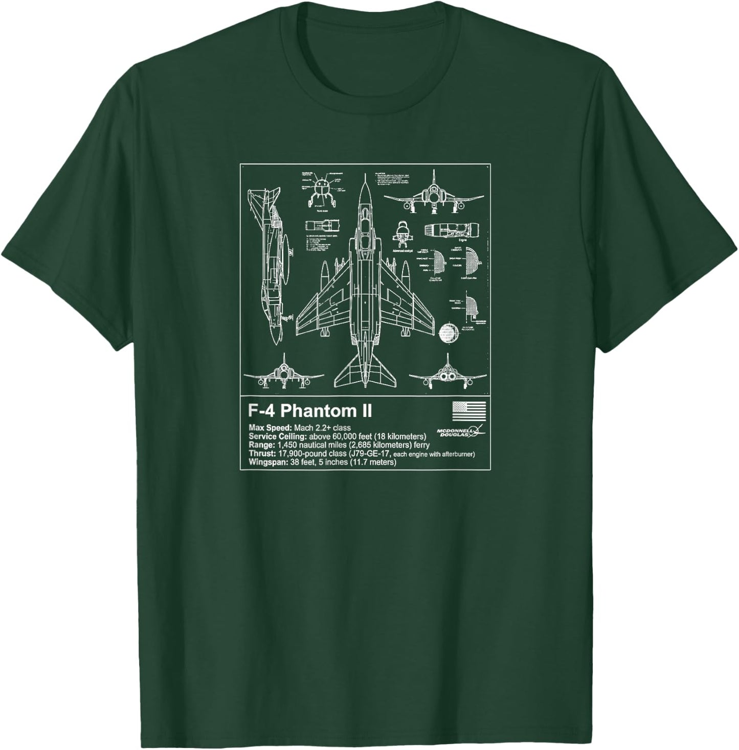 F-4 Phantom Blueprint Technical Schematic - Aviation Art T-Shirt - T-Shirt | Forest