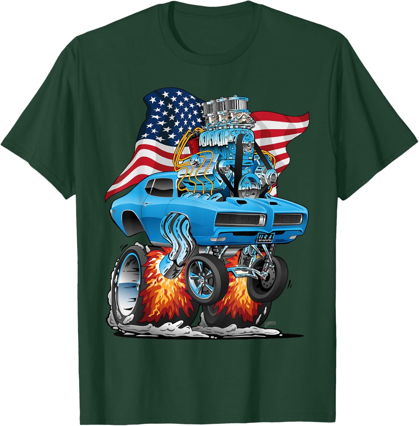 Patriotic 60s Muscle Car Funny Dragster USA Hotrod Cartoon T-Shirt - T-Shirt | Forest