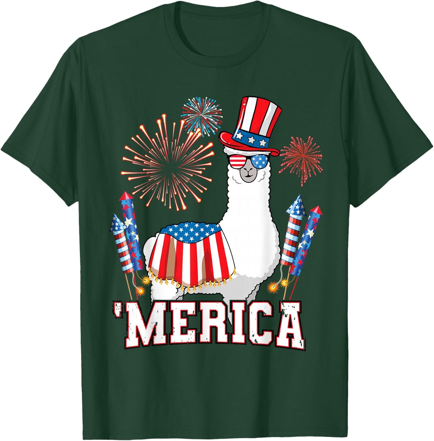 Patriotic Llama Merica Funny 4th of July Fireworks T-Shirt - T-Shirt | Forest