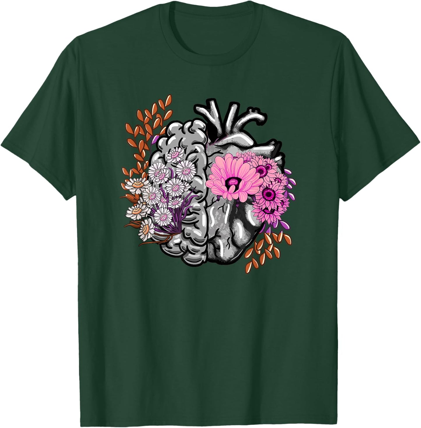 Brain Heart Anatomy Flowers Girly Doctor Neurologist Gift T-Shirt - T-Shirt | Forest