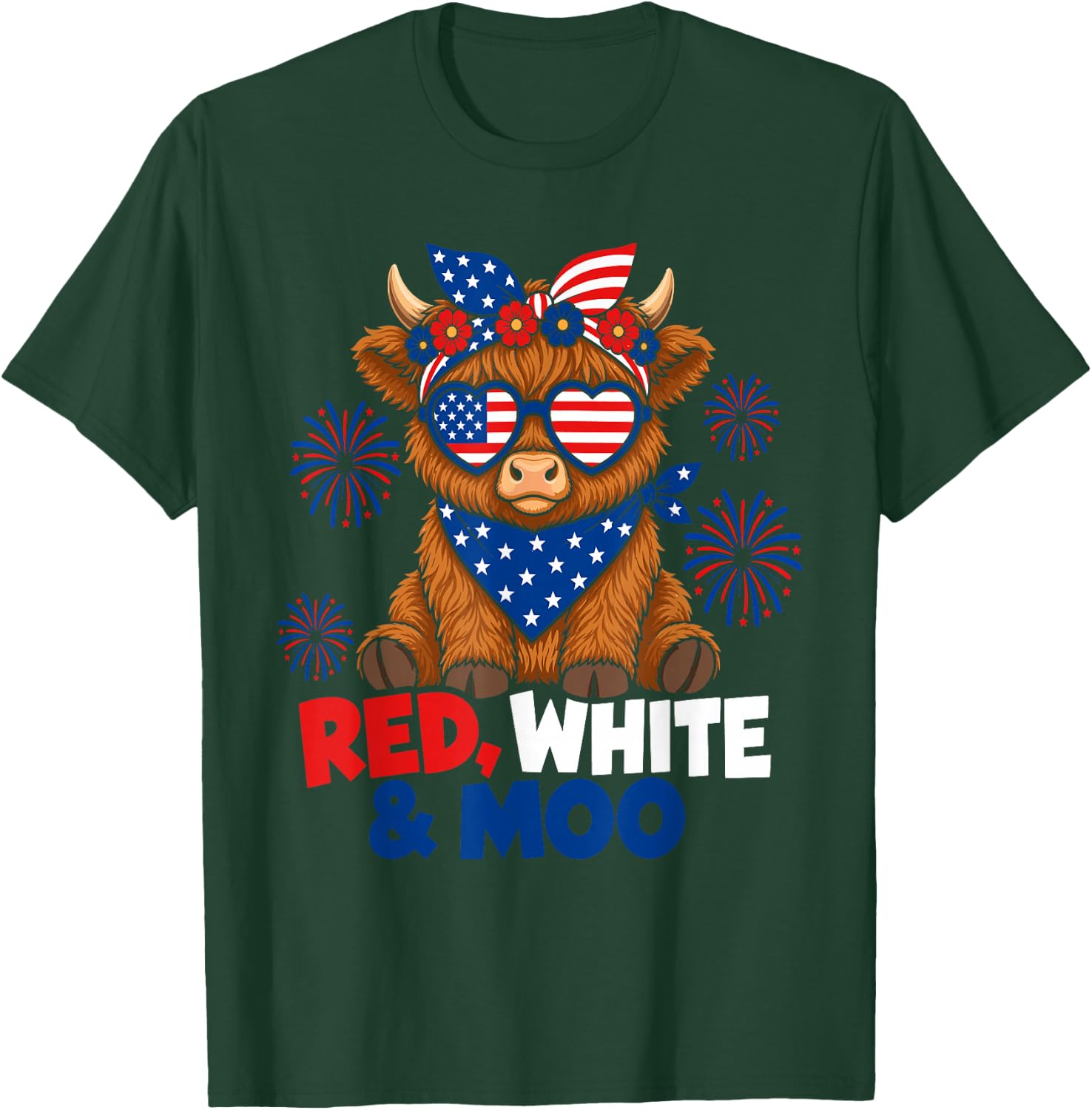 Patriotic Moo Highland Cow Fourth of July American Flag Star T-Shirt - T-Shirt | Forest
