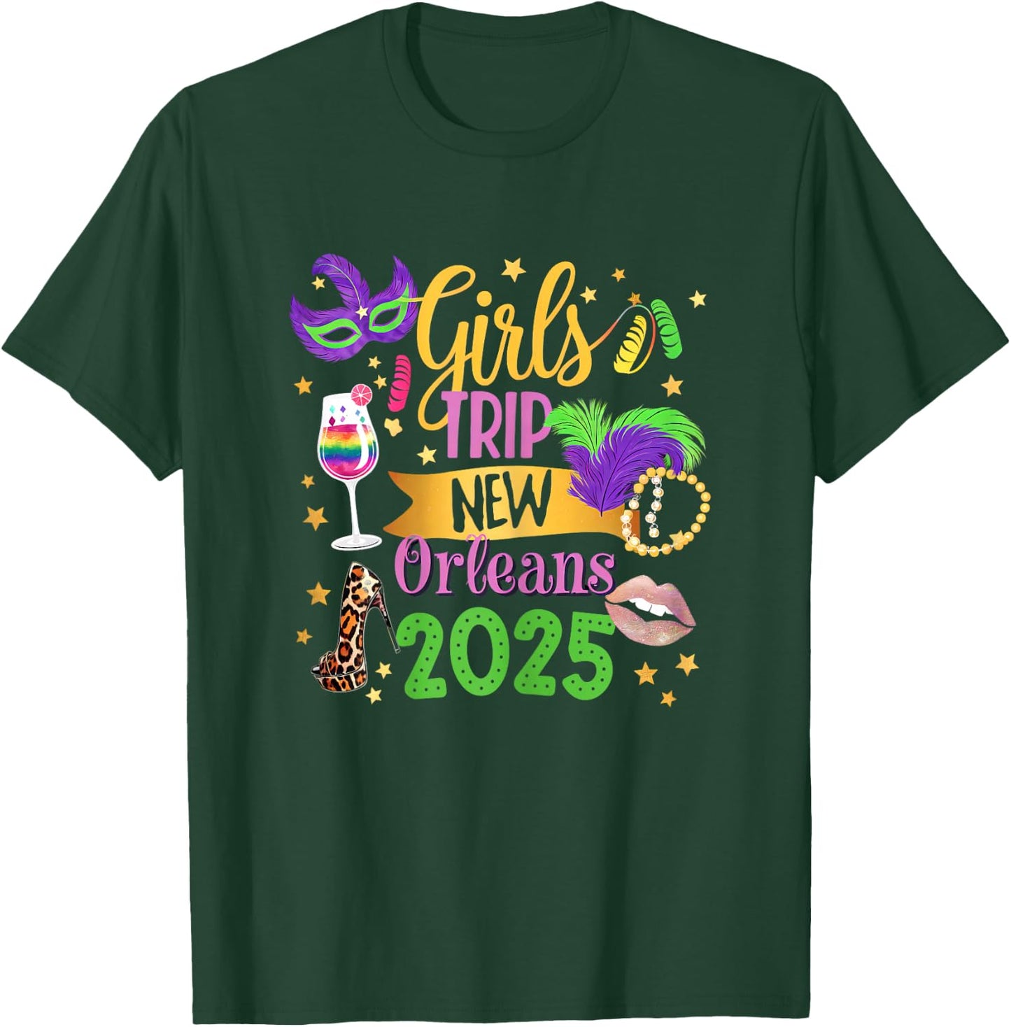 Girls Trip New Orleans 2025 Mardi Gras Mask Beads Family T-Shirt - T-Shirt | Forest