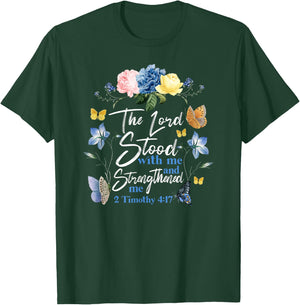Christian Bible Verse Butterfly Rose Flower 2 Timothy 4:17 T-Shirt - T-Shirt | Forest