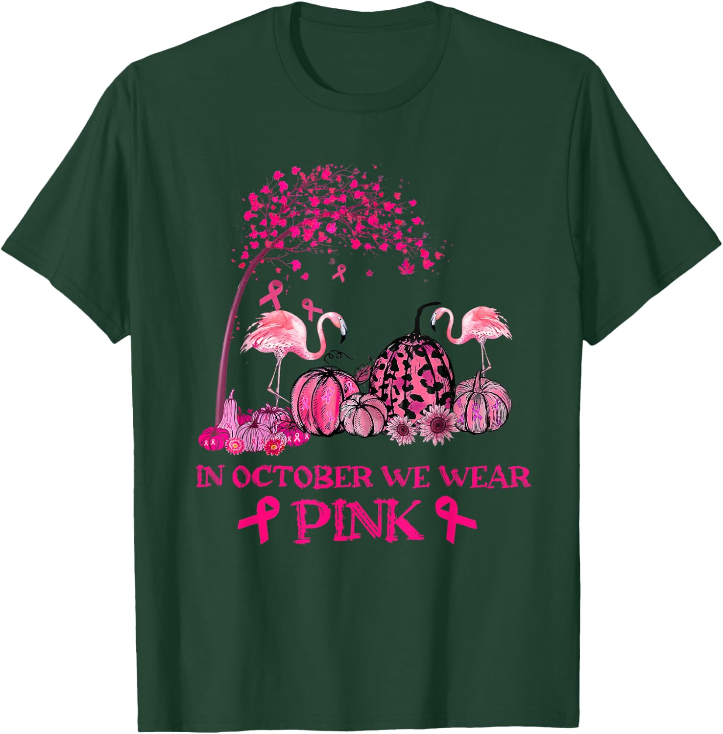 In October We Wear Pink Flamingo Breast Cancer Awareness T-Shirt - T-Shirt | Forest