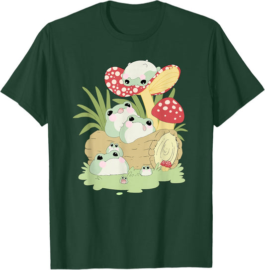 Cottagecore Aesthetic Frog Lying on Mushroom Cute Frog Lover T-Shirt - T-Shirt | Forest