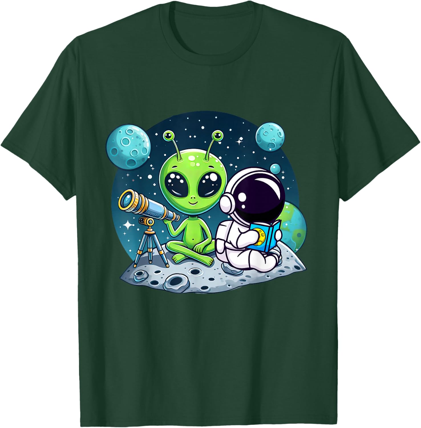 Astronaut Reading Book To Alien Moon Space Women Kids Men T-Shirt - T-Shirt | Forest