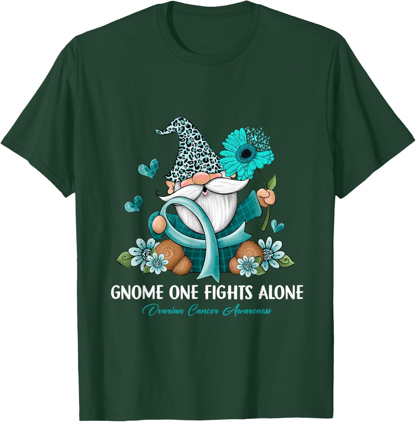 Sunflower Gnome One Fights Alone Ovarian Cancer Awareness T-Shirt - T-Shirt | Forest