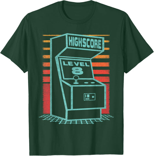 8th Birthday 8 Year Old Retro Gamer Level Up Unlocked T-Shirt - T-Shirt | Forest