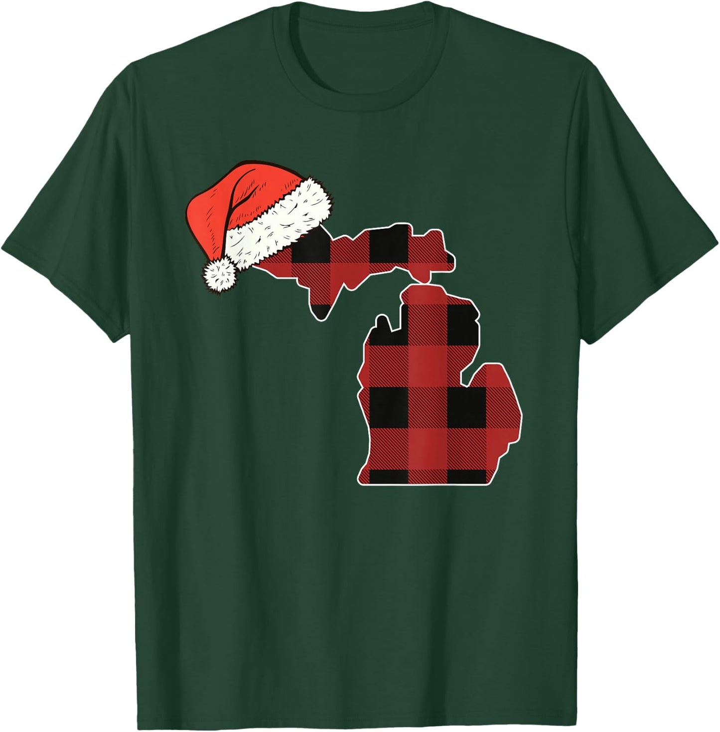 Michigan Plaid Christmas Santa Hat Holiday Matching T-Shirt - T-Shirt | Forest