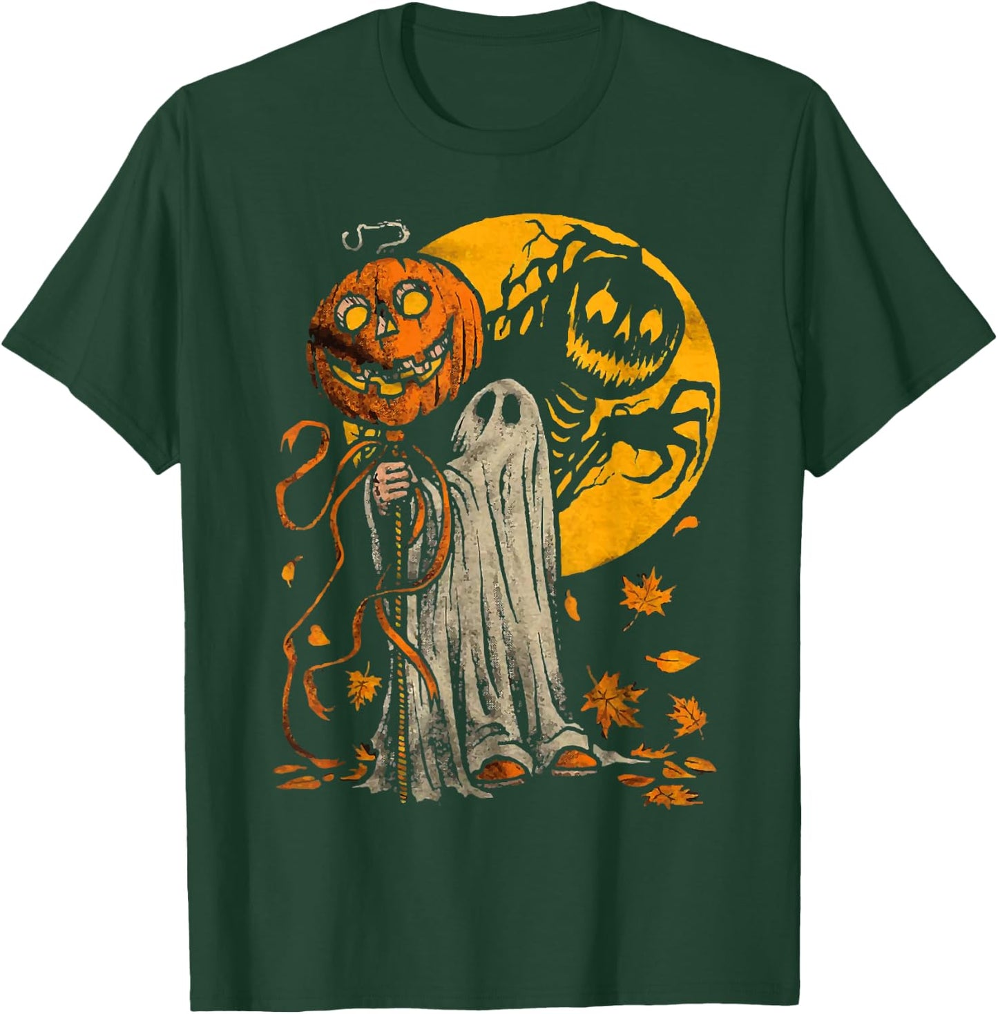Halloween Pumpkin Ghost Autumn Leaves Graphic Art T-Shirt - T-Shirt | Forest