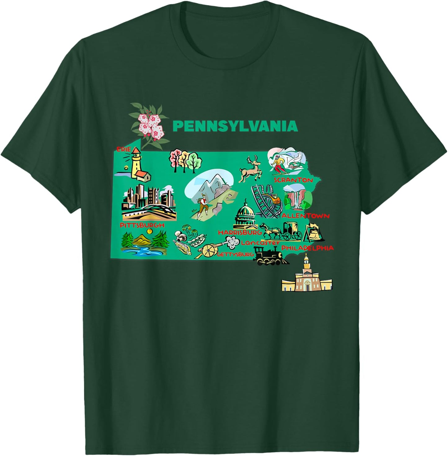 tourism map of Pennsylvania state, USA, major cities, flag T-Shirt - T-Shirt | Forest