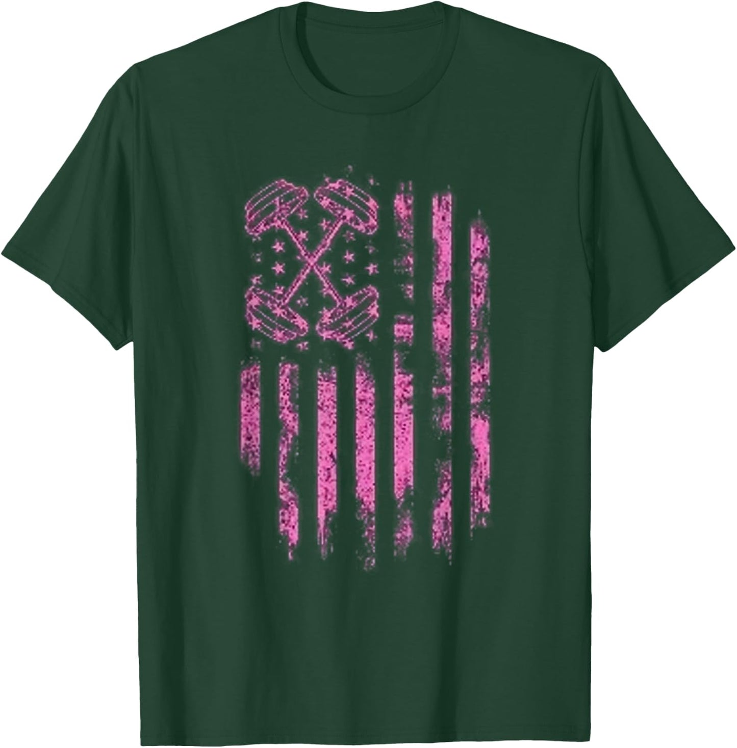 Pink Barbell American Flag Breast Cancer Awareness - Fitness Women Men T-Shirt - T-Shirt | Forest