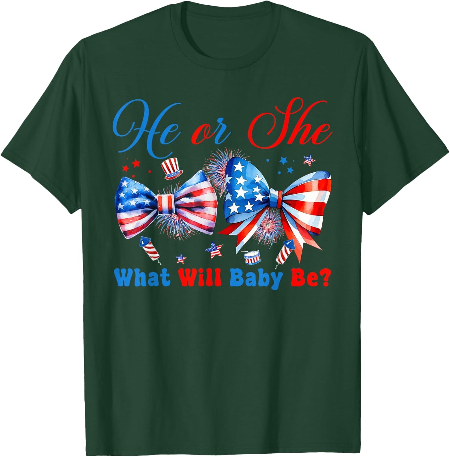 He Or She What Will Our Baby Be 4th of July Gender Reveal T-Shirt - T-Shirt | Forest