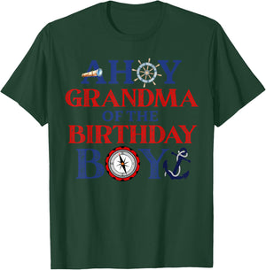 Nautical 1st Birthday Decorations For Family Ahoy Grandma Of The Birthday Boy Nautical Modern Black T-Shirt - T-Shirt | Forest