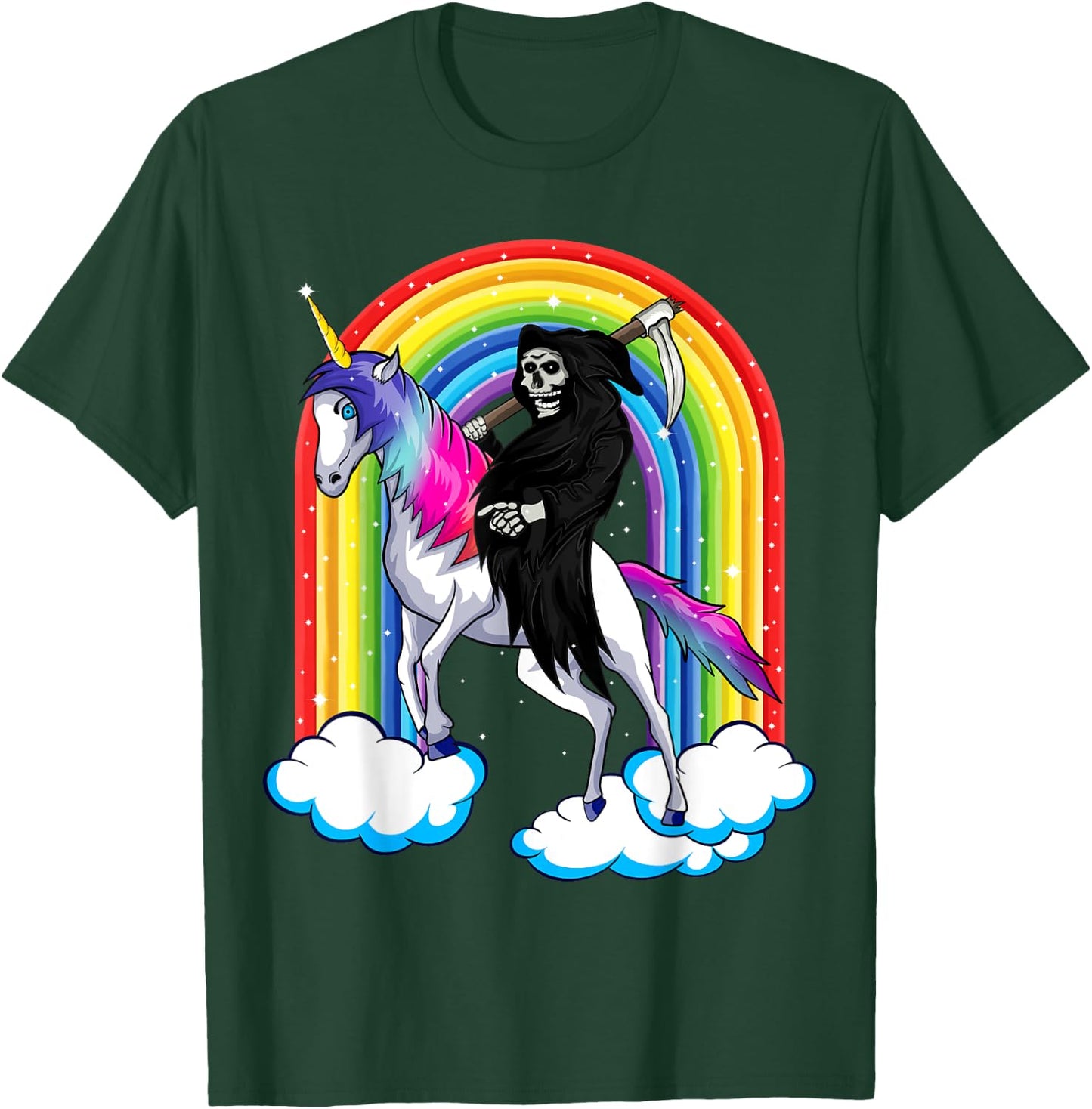 Grim Reaper Skull Riding An Unicorn, Death Unicorn Halloween T-Shirt - T-Shirt | Forest