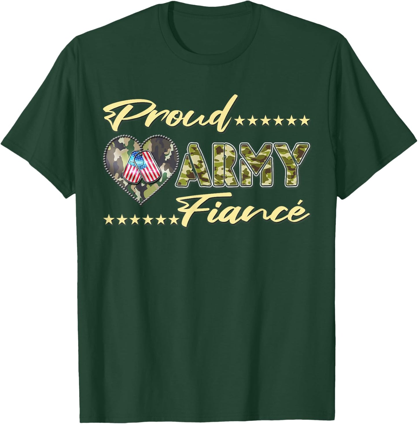 Proud Army Fiance - Camo US Flag Dog Tag Military Lover Gift T-Shirt - T-Shirt | Forest