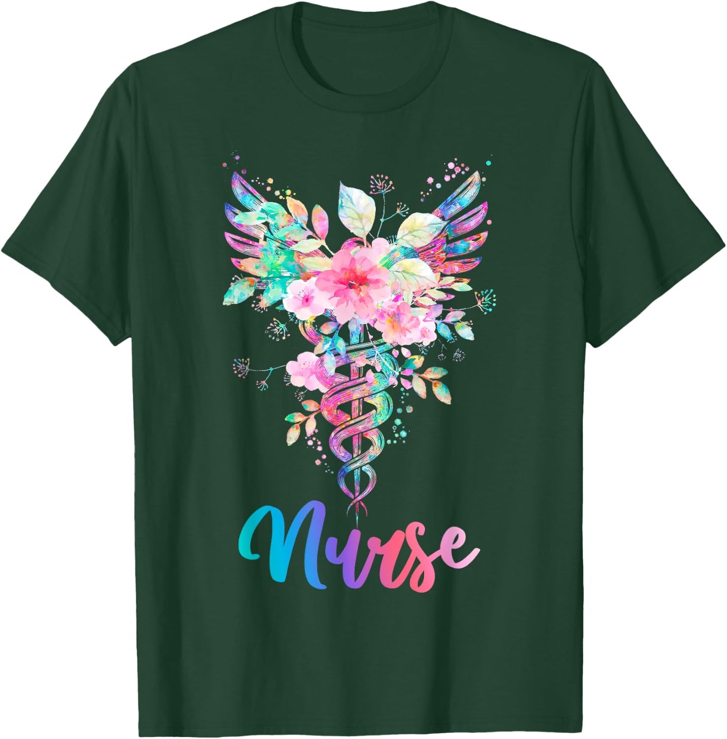 Nurse Watercolor Floral Caduceus T-Shirt - T-Shirt | Forest